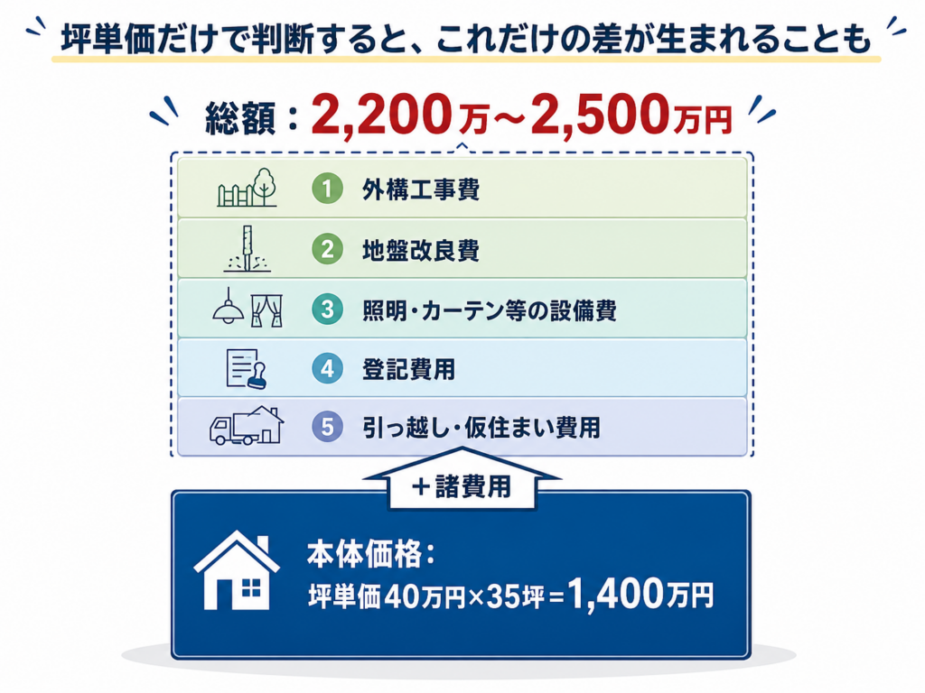 注文住宅を購入する際の総額の内訳イメージ