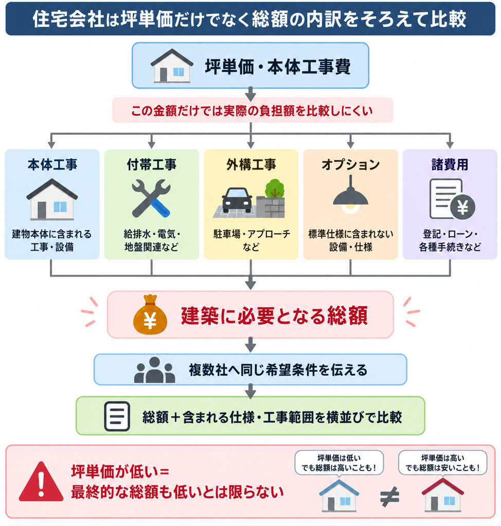 坪単価だけでなく付帯工事や外構、諸費用を含む住宅建築の総額を比較する相関図