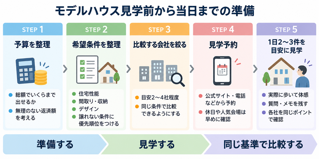 モデルハウス見学前に予算や希望条件を整理し、複数社を同じ基準で比較する準備の流れ