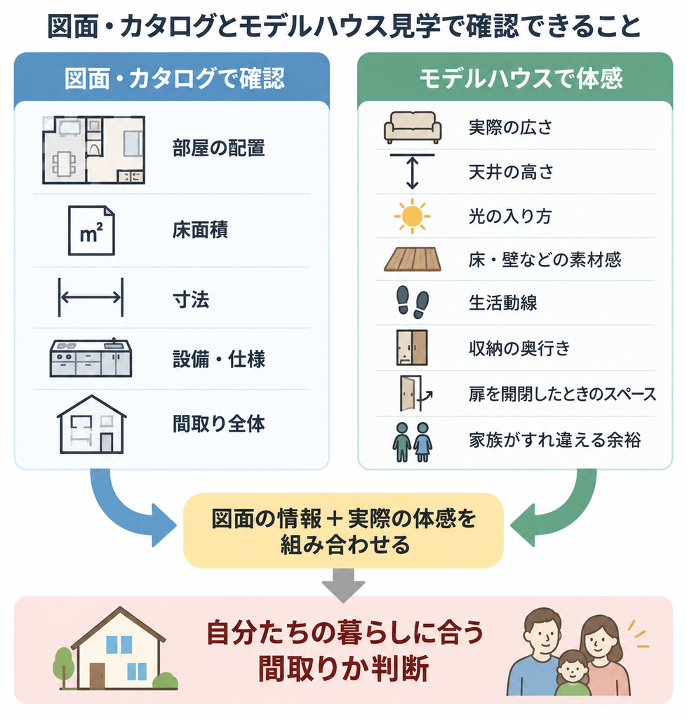 図面やカタログの情報とモデルハウスでの体感を組み合わせ、暮らしに合う間取りか判断する比較図