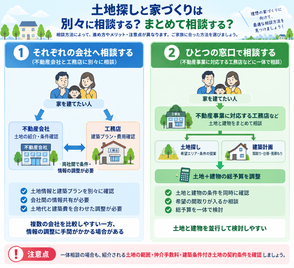 土地探しと家づくりを不動産会社と工務店に別々に相談する場合と、ひとつの窓口でまとめて相談する場合の違いを比較した図解。