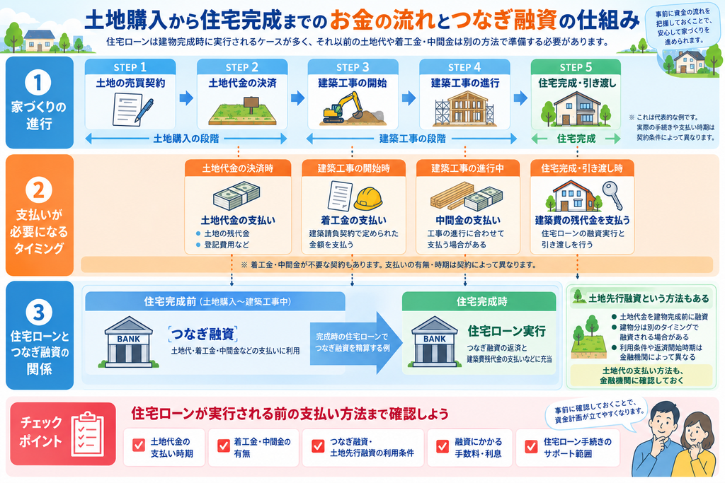 土地購入から住宅完成までの支払い時期と、着工金・中間金に利用するつなぎ融資、住宅ローン実行時の精算の流れを示した図解。