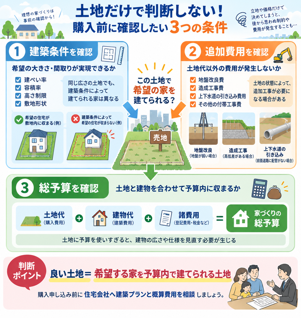 土地購入前に確認したい建ぺい率・容積率などの建築条件、地盤改良などの追加費用、土地と建物を合わせた総予算を示した図解。