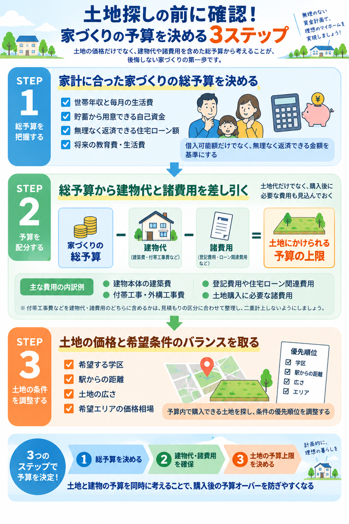 家づくりの総予算を把握し、建物代と諸費用を差し引いて土地の予算上限を決め、希望条件を調整する3ステップを示した図解。